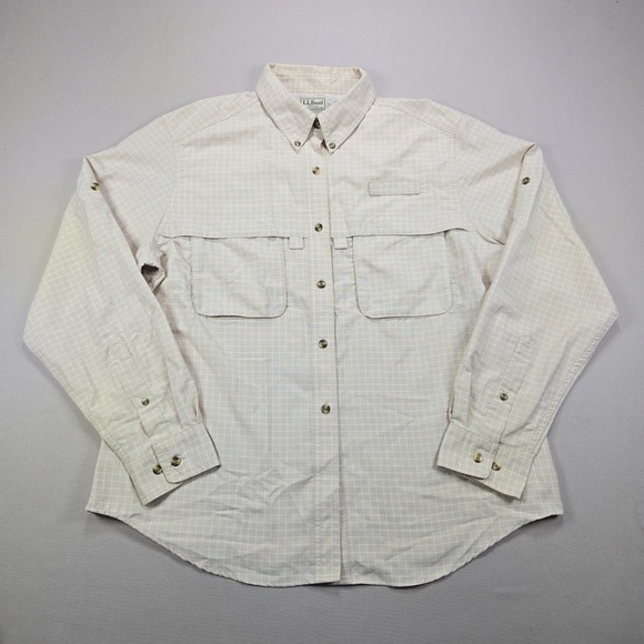 L.L. Bean Tops - LL Bean Fishing Shirt Vented Back Roll Tab Grid Beige Womens Large‎ L 0CDX3